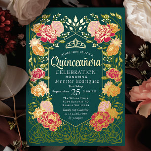 Invitación Con Relieve Metalizado Quinceanera floral verde encantada