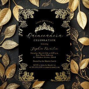 Invitación Con Relieve Metalizado Quinceañera Floral Vintage de Oro