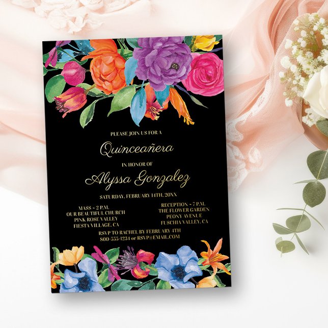 Invitación Con Relieve Metalizado Quinceanera floral y Fiesta masiva flor y oro (Gold Foil Mass and Quinceanera Invitation from my Fiesta Flowers Quinceanera Collection)