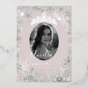Invitación Con Relieve Metalizado Quinceañera Foto Copo de Nieve Plata Beige Inviern