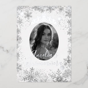 Invitación Con Relieve Metalizado Quinceañera Foto Copo de Nieve Plateado de Inviern