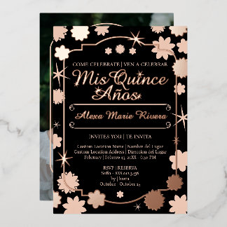 Invitación Con Relieve Metalizado Quinceañera Foto Floral Oro Plata Foil Glam