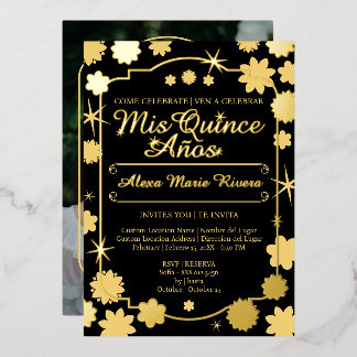 Invitación Con Relieve Metalizado Quinceañera Foto Floral Oro Plata Hoja Glam