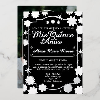 Invitación Con Relieve Metalizado Quinceañera Foto Floral Oro Plata Hoja Glam
