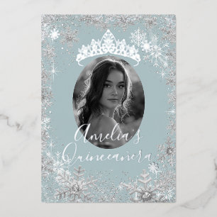 Invitación Con Relieve Metalizado Quinceañera Foto Nieve Plateada De Invierno