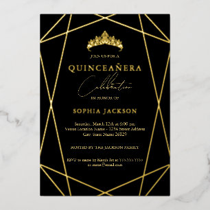 Invitación Con Relieve Metalizado Quinceañera geométrica negra dorada elegante 15