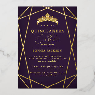 Invitación Con Relieve Metalizado Quinceañera geométrica púrpura elegante dorada