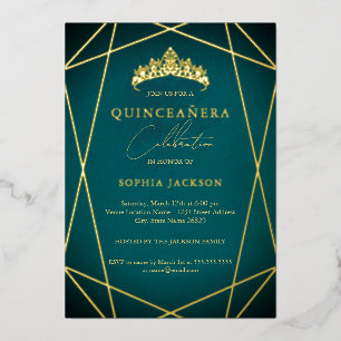 Invitación Con Relieve Metalizado Quinceañera geométrica verde azulado elegante dora