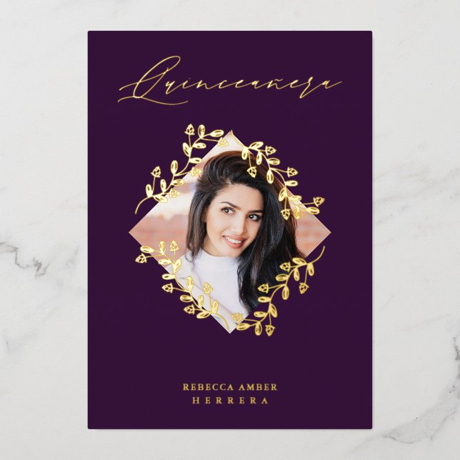 Invitación Con Relieve Metalizado Quinceañera Golden Diamond Wildflowers Photo (Anverso)