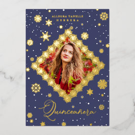 Invitación Con Relieve Metalizado Quinceañera Golden Snowflakes Winter Christmas