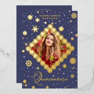 Invitación Con Relieve Metalizado Quinceañera Golden Snowflakes Winter Christmas