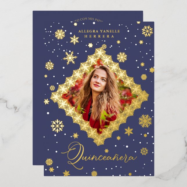 Invitación Con Relieve Metalizado Quinceañera Golden Snowflakes Winter Christmas (Anverso/Reverso)