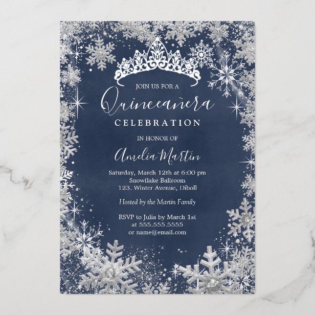 Invitación Con Relieve Metalizado Quinceanera, la marina de plata de copo de nieve (Anverso)