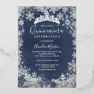 Invitación Con Relieve Metalizado Quinceanera, la marina de plata de copo de nieve