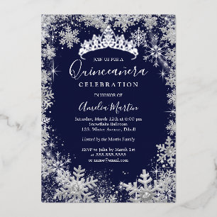 Invitación Con Relieve Metalizado Quinceanera, la marina de plata de copo de nieve