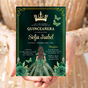 Invitación Con Relieve Metalizado Quinceañera Mariposa Dorada Esmeralda Floral