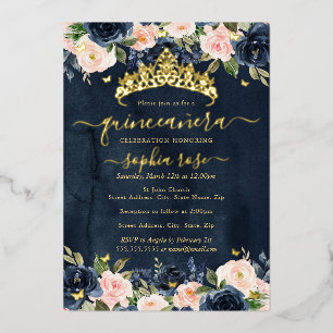 Invitación Con Relieve Metalizado Quinceañera Mariposa Dorada Floral Beige Marina