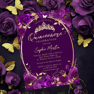 Invitación Con Relieve Metalizado Quinceañera Mariposa Floral Atractiva Púrpura
