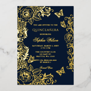 Invitación Con Relieve Metalizado Quinceañera Mariposa Floral Dorada Azul Marino