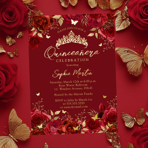 Invitación Con Relieve Metalizado Quinceañera Mariposa Floral Encantadora Rojo Dorad