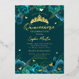 Invitación Con Relieve Metalizado Quinceañera Mariposa Floral Encantadora Verde Áure