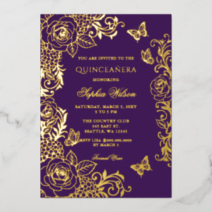 Invitación Con Relieve Metalizado Quinceañera Mariposa Floral Oro Púrpura