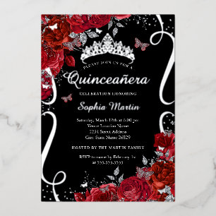 Invitación Con Relieve Metalizado Quinceañera Mariposa Floral Roja Negra Plateada