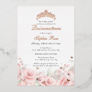 Invitación Con Relieve Metalizado Quinceañera Mariposa Rosa Dorado Floral Rubor Rosa