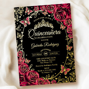 Invitación Con Relieve Metalizado Quinceañera Mariposas Negras Rosas Doradas Borgoña