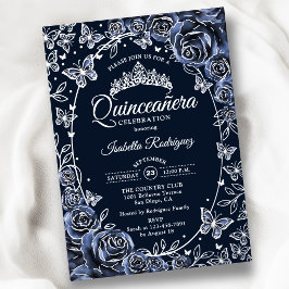 Invitación Con Relieve Metalizado Quinceañera Mariposas Plata Azul Rosas