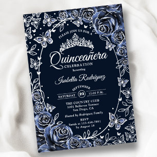 Invitación Con Relieve Metalizado Quinceañera Mariposas Plata Azul Rosas