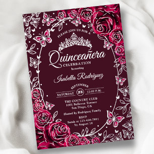 Invitación Con Relieve Metalizado Quinceañera Mariposas Plateadas de Borgoña Rosas
