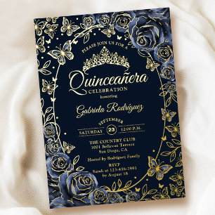 Invitación Con Relieve Metalizado Quinceañera Mariposas Rosas Doradas Azul Marino