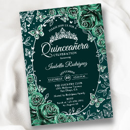Invitación Con Relieve Metalizado Quinceañera Mariposas Rosas Verde Esmeralda Plata