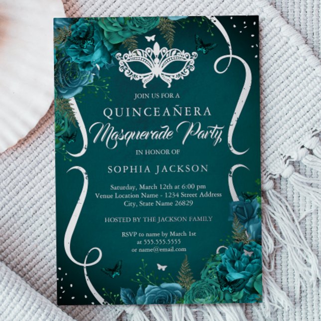 Invitación Con Relieve Metalizado Quinceañera Máscara de Floral Plateada Teal (Subido por el creador)
