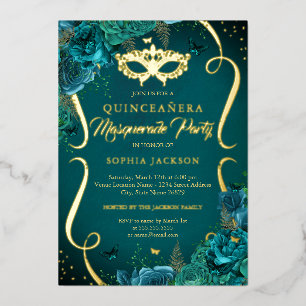 Invitación Con Relieve Metalizado Quinceañera Máscara de Flores Doradas Turquesas