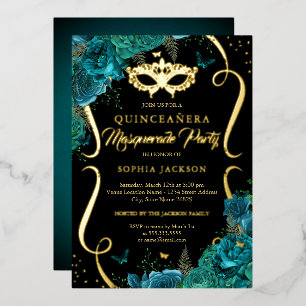 Invitación Con Relieve Metalizado Quinceañera Máscara de Oro Teal Floral