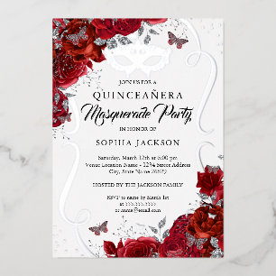 Invitación Con Relieve Metalizado Quinceañera Máscara de Rollo de Plata Roja Floral