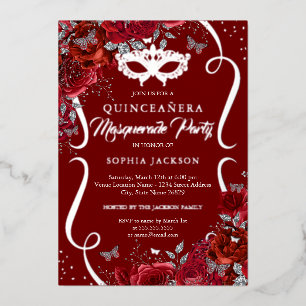 Invitación Con Relieve Metalizado Quinceañera Máscara de Rollo Floral Plateado Rojo