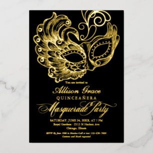 Invitación Con Relieve Metalizado Quinceañera Mascarada Negro Oro