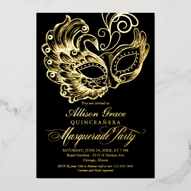 Invitación Con Relieve Metalizado Quinceanera Masquerade Black Gold (Anverso)