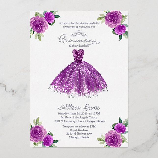 Invitación Con Relieve Metalizado Quinceanera morada (Anverso)