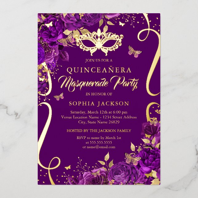 Invitación Con Relieve Metalizado Quinceanera morada de mariposa de mascarada (Anverso)