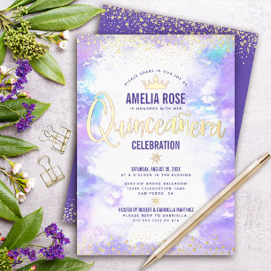 Invitación Con Relieve Metalizado Quinceañera Morado Acuarela Glam Crown Real Gold