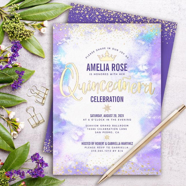 Invitación Con Relieve Metalizado Quinceañera Morado Acuarela Glam Crown Real Gold (Subido por el creador)