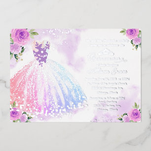 Invitación Con Relieve Metalizado Quinceañera Multicolor Floral