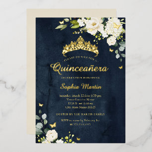 Invitación Con Relieve Metalizado Quinceañera Navy Champagne Floral Oro