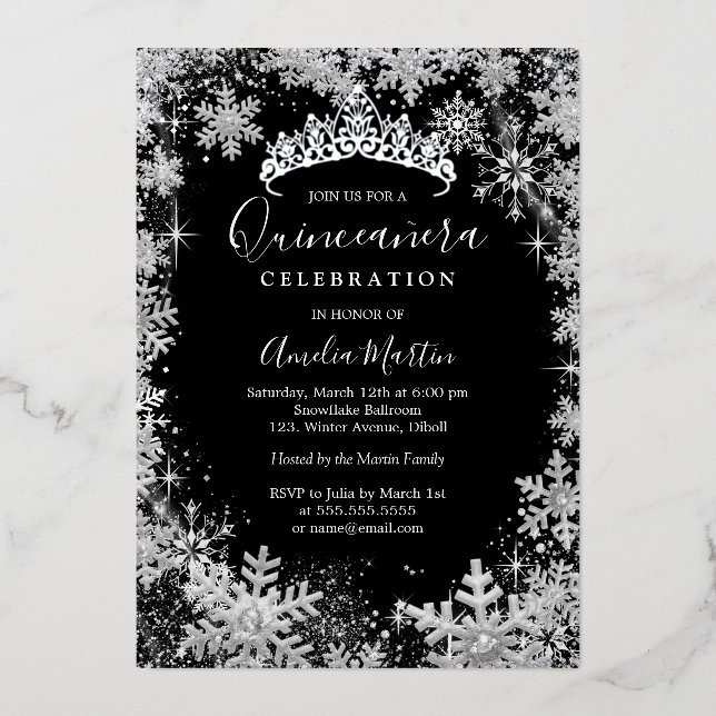 Invitación Con Relieve Metalizado Quinceanera negra de copo de nieve de invierno (Anverso)