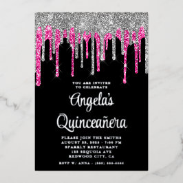 Invitación Con Relieve Metalizado Quinceañera Negro Plateado con Drips de Purpurina 