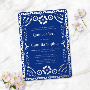 Invitación Con Relieve Metalizado Quinceañera Papel Picado Elegante Azul Real Platea